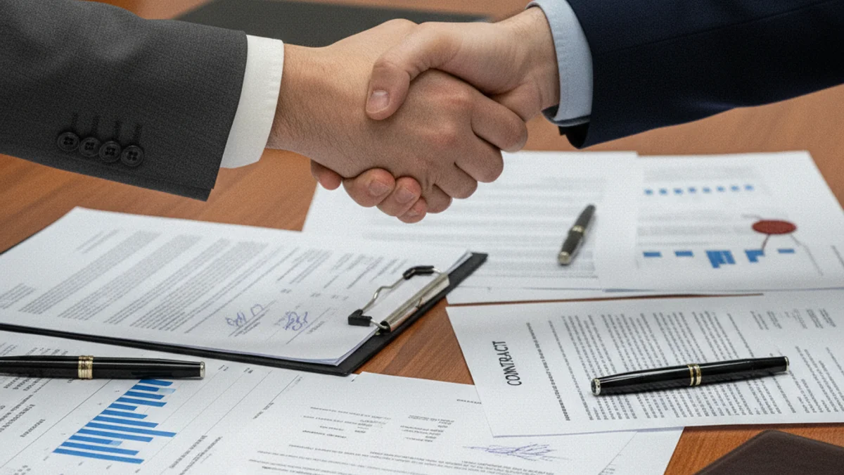 Representación visual de un acuerdo empresarial con dos manos estrechándose sobre documentos oficiales.