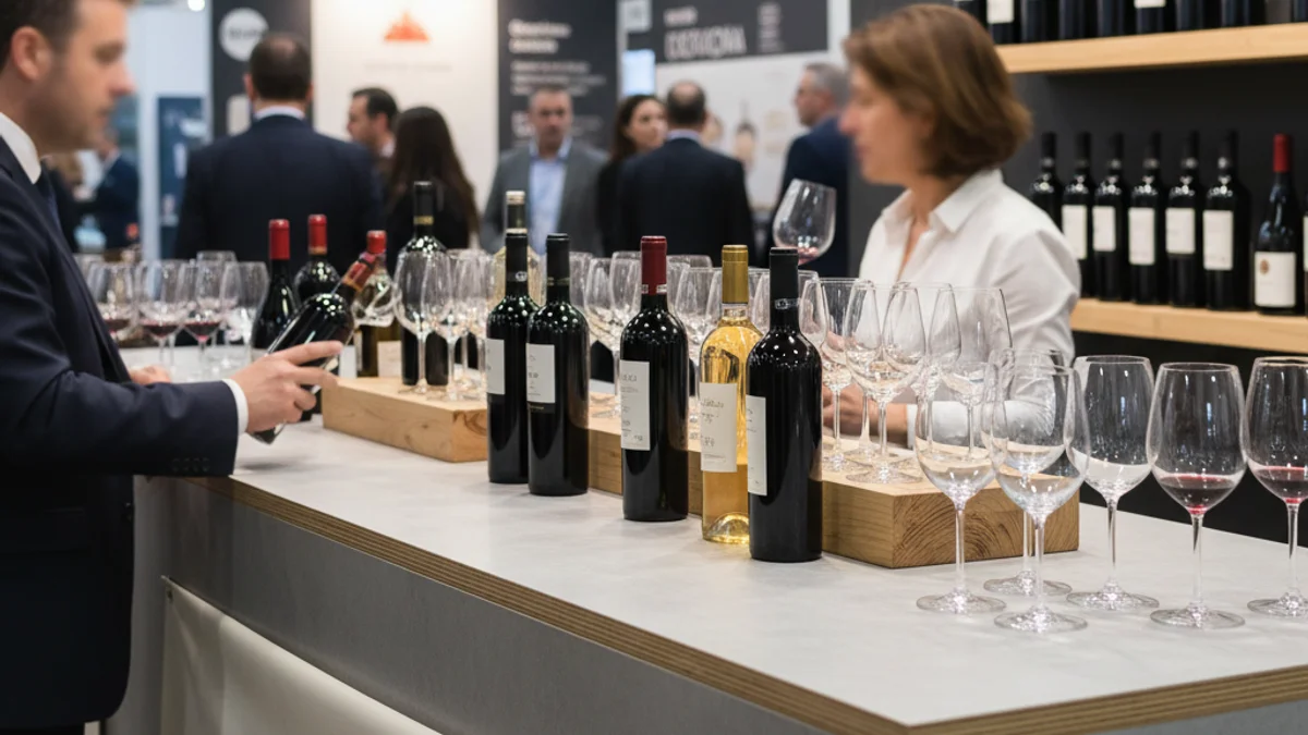 Vista de un stand de vinos en una feria internacional, con botellas y copas sobre un mostrador, sin personas identificables.