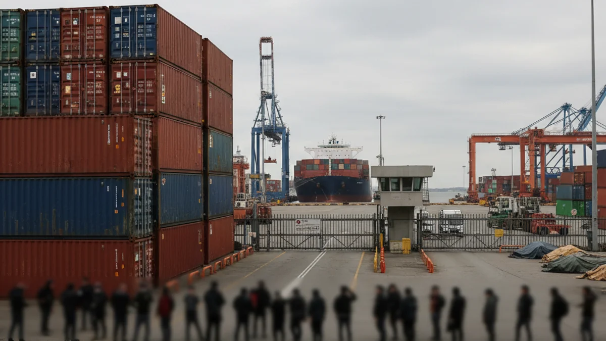 Imagen genérica de un puerto industrial con contenedores y buques de carga, con figuras borrosas de manifestantes a la distancia.