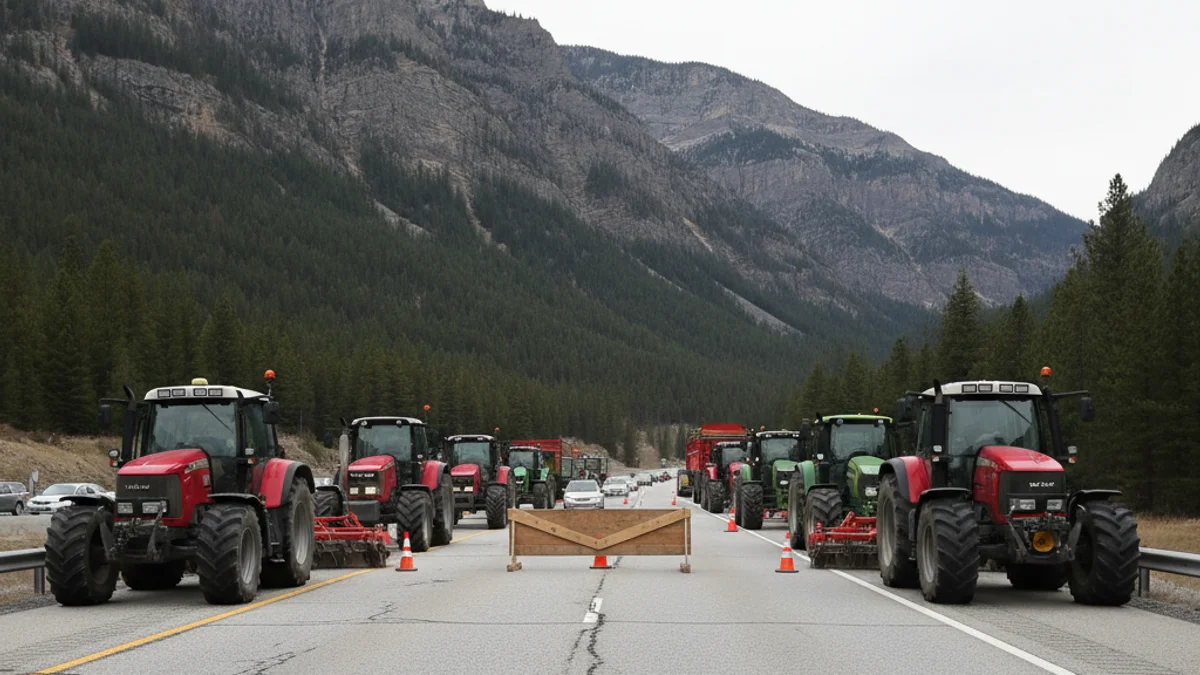 Imagen genérica de tractores y maquinaria agrícola bloqueando una carretera en un entorno montañoso.