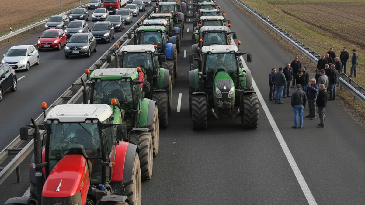 Imagen genérica de tractores y agricultores bloqueando una carretera principal en señal de protesta.