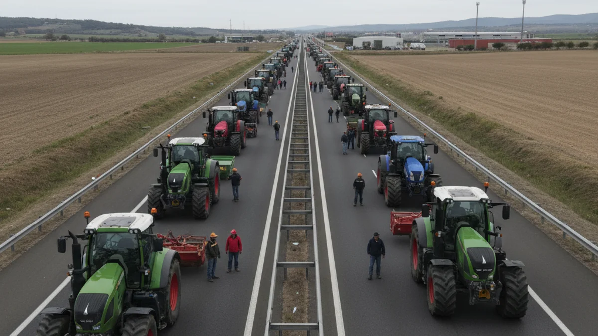 Imagen genérica de tractores bloqueando una autopista principal durante una protesta agrícola.