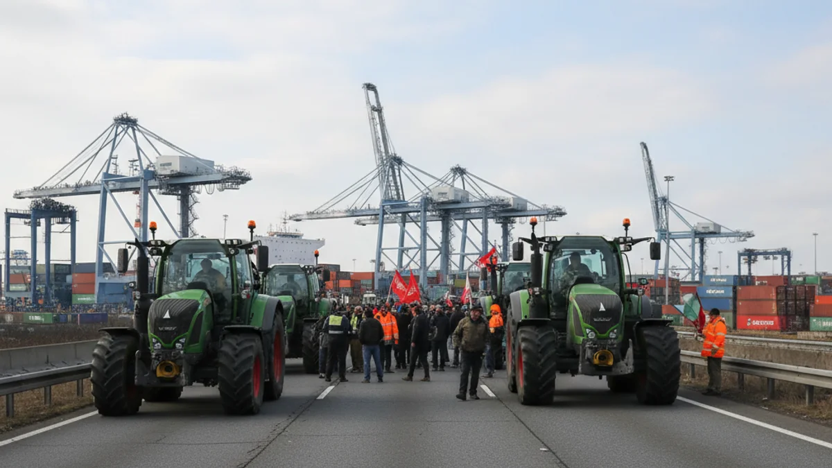 Imagen genérica de una protesta agrícola con tractores bloqueando una carretera de acceso a una instalación portuaria.