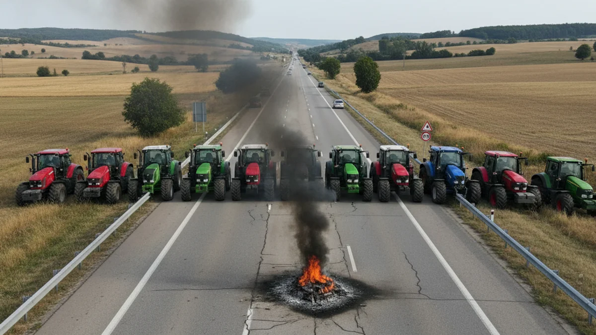 Imagen genérica de tractores y humo en una carretera cortada durante una protesta agrícola contra un acuerdo comercial.