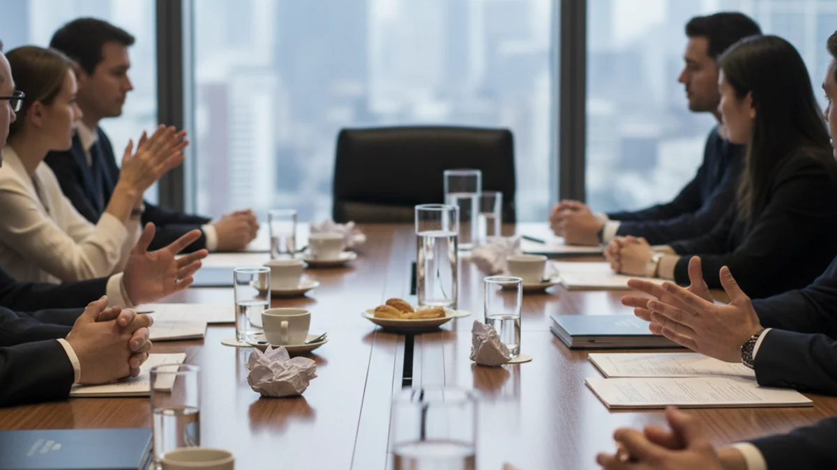 Representación genérica de una reunión de negociación laboral o de una fábrica con siluetas de trabajadores.