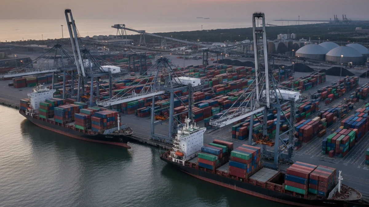 Vista genérica de un puerto comercial con grúas y contenedores, simbolizando la actividad logística y el comercio marítimo.