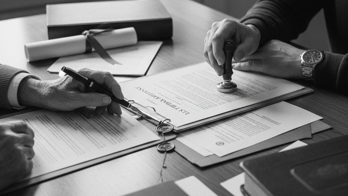 Imagen genérica de manos firmando documentos legales o papeles de herencia sobre una mesa de madera.