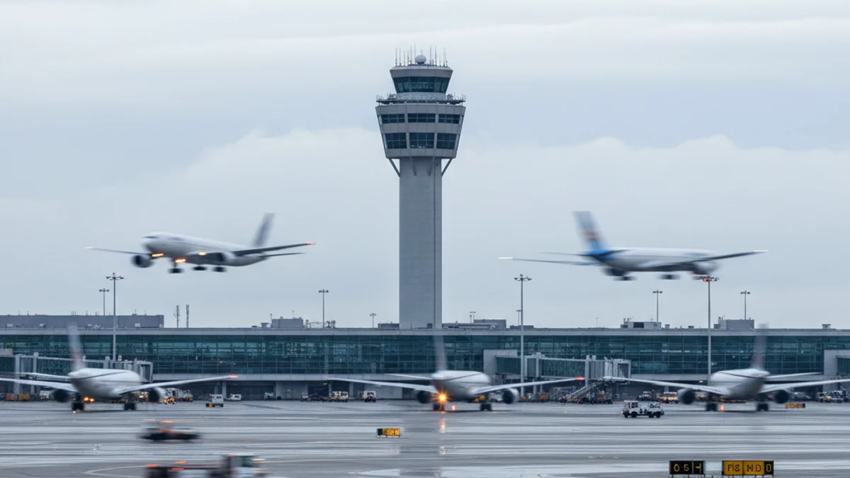 Imagen genérica de un aeropuerto con una pista de aterrizaje y un avión en movimiento.