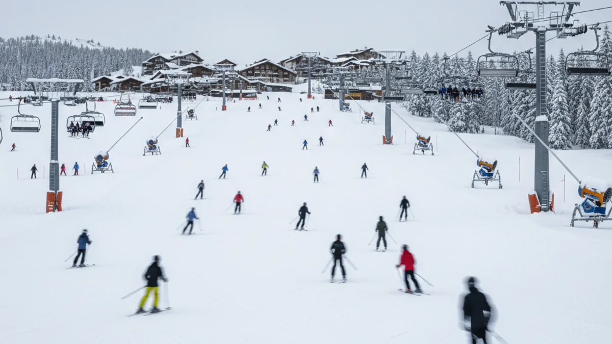 Imagen genérica de una estación de esquí con pistas llenas y nieve de calidad bajo un cielo claro.