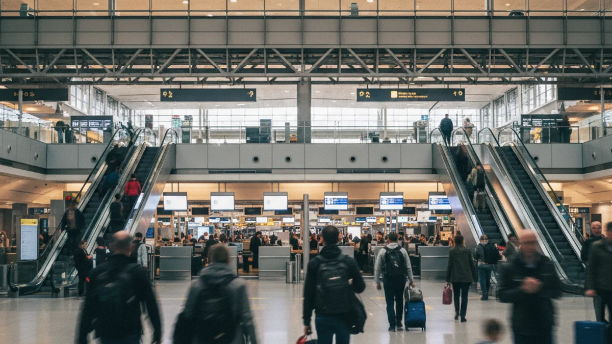 Imagen genérica de la terminal de un aeropuerto con aviones en la pista y movimiento de viajeros.