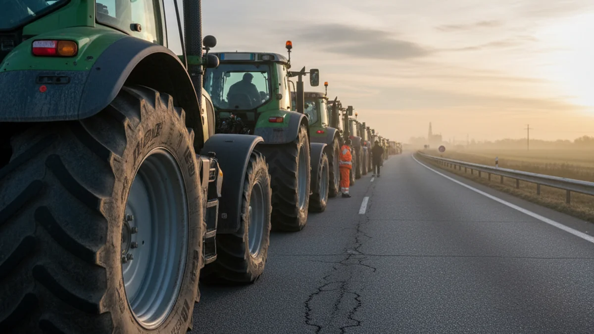 Imagen genérica de una protesta agrícola con tractores bloqueando una autopista a primera hora de la mañana.