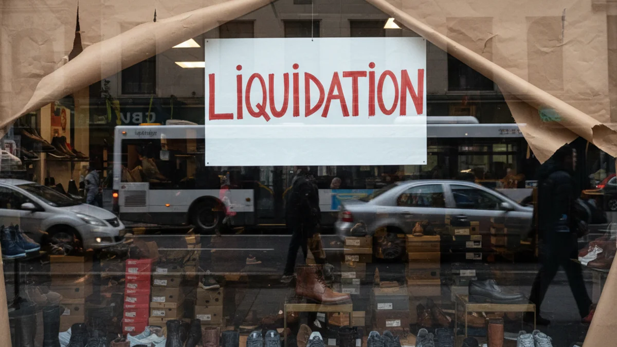 Escaparate de una zapatería tradicional con un cartel de liquidación por cierre.