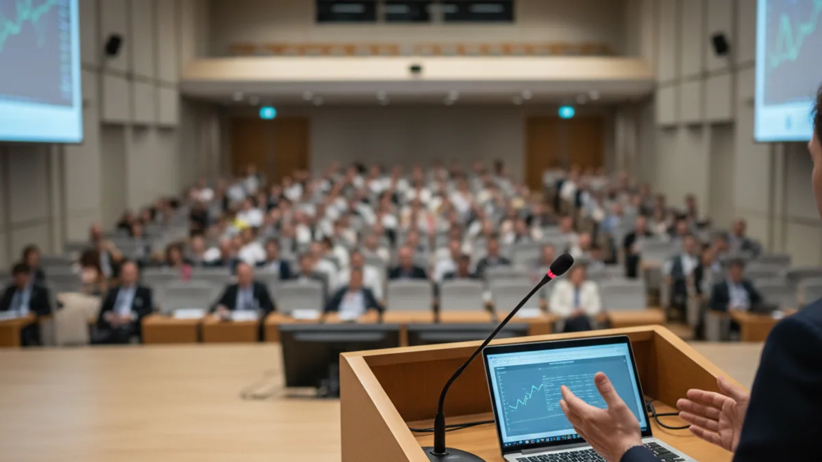 Un economista habla ante una audiencia en una sala de conferencias moderna, con un enfoque en el podio y el micrófono.