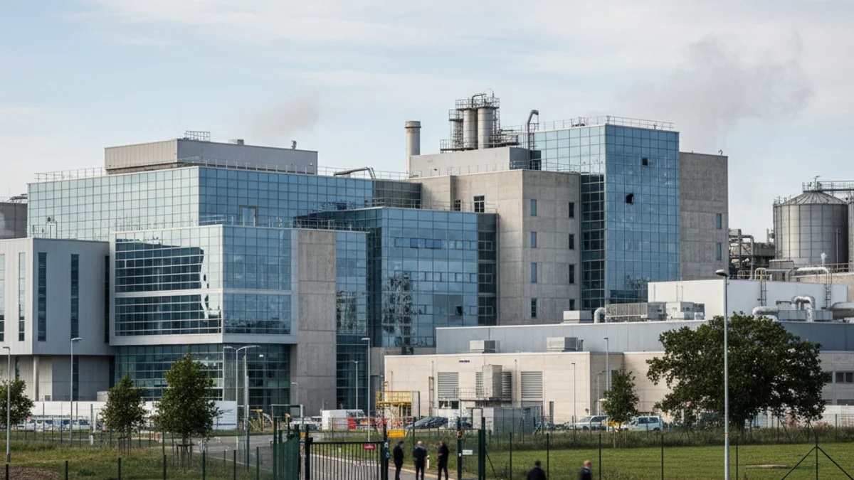 Imagen genérica de una instalación industrial o una fábrica farmacéutica con un letrero corporativo.