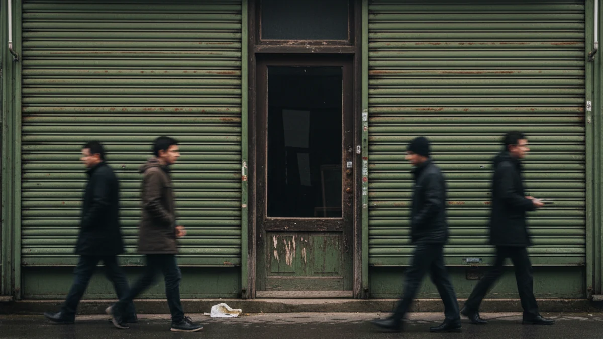 Fachada cerrada de una tienda de muebles local con las persianas bajadas, simbolizando el fin de un negocio.