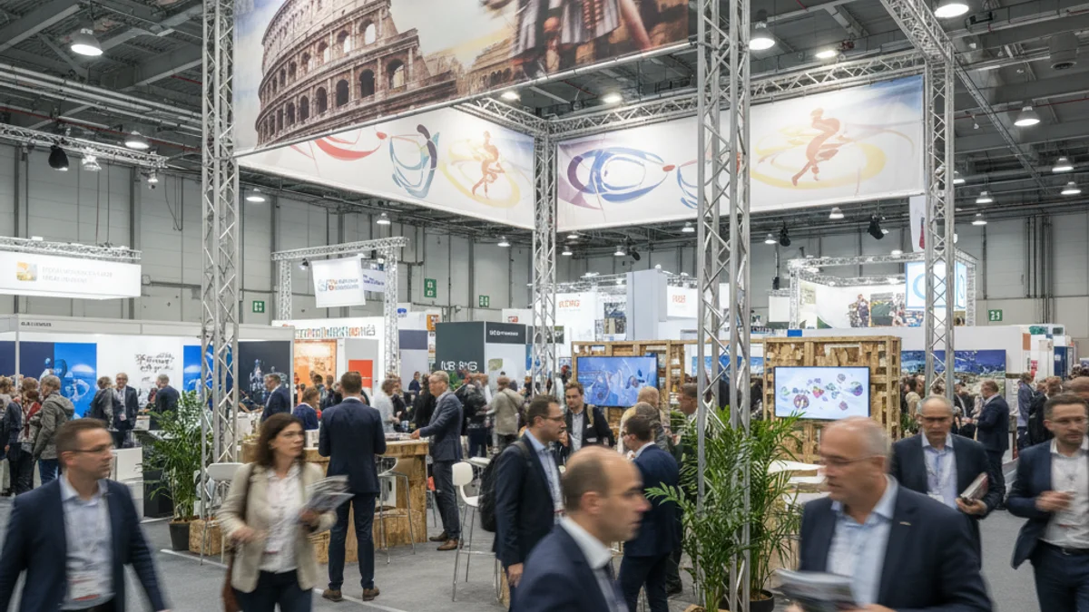 Representación genérica de un stand de promoción turística en una feria internacional, con foco en el turismo deportivo.