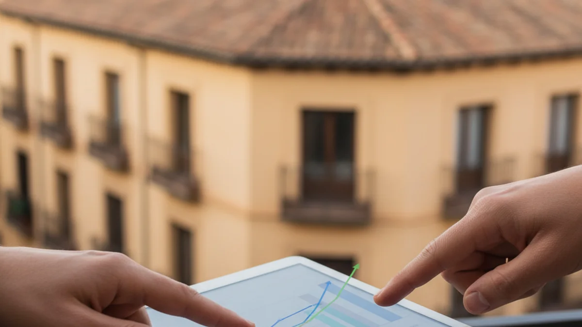 Gráfico que muestra el aumento de los precios del alquiler en una gran ciudad, con edificios de viviendas al fondo.