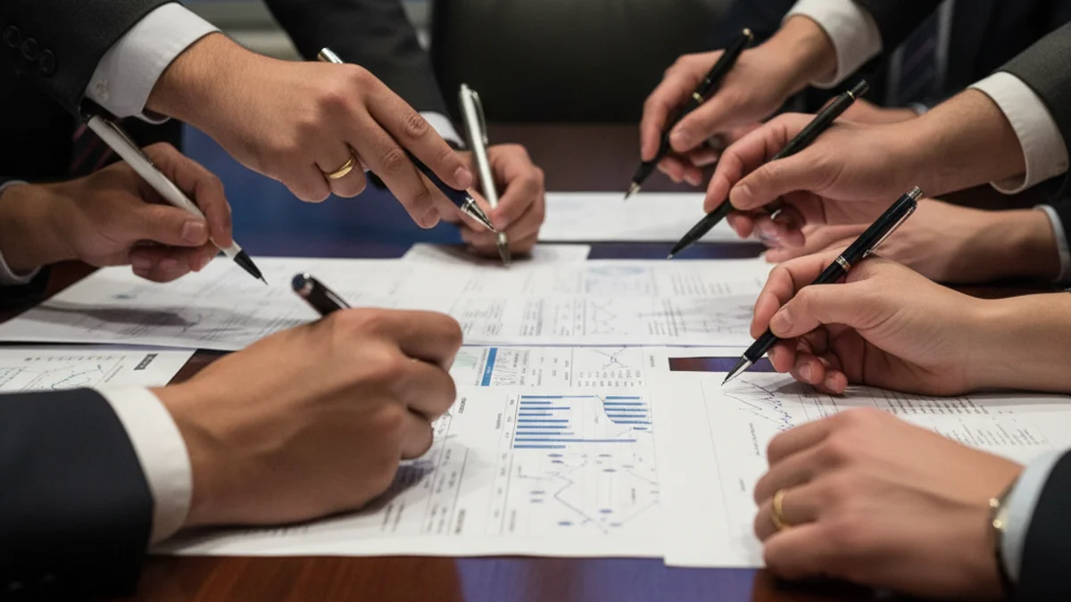 Representación abstracta de documentos económicos y manos en una mesa de negociación, simbolizando el desacuerdo entre entidades empresariales.