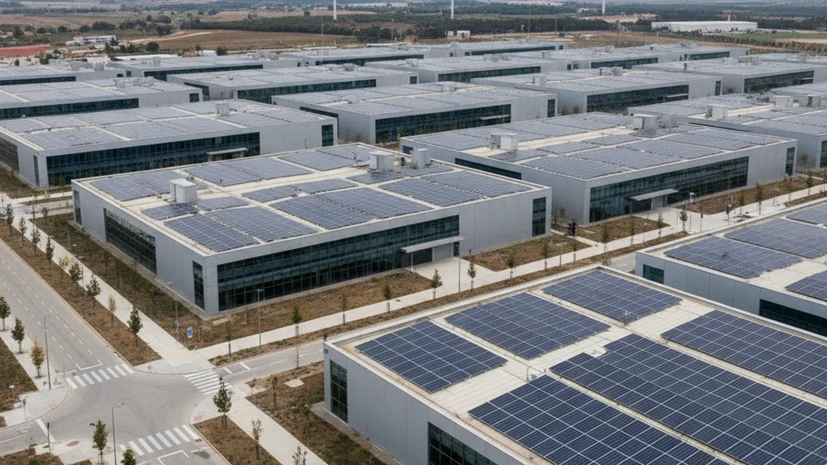 Vista genérica de un polígono industrial con naves y carreteras, simbolizando la modernización económica.