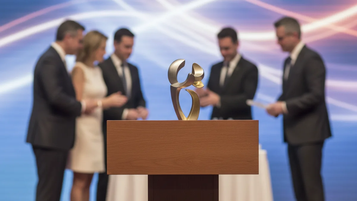 Imagen genérica de una ceremonia de premios con un podio iluminado y figuras borrosas recibiendo un galardón.