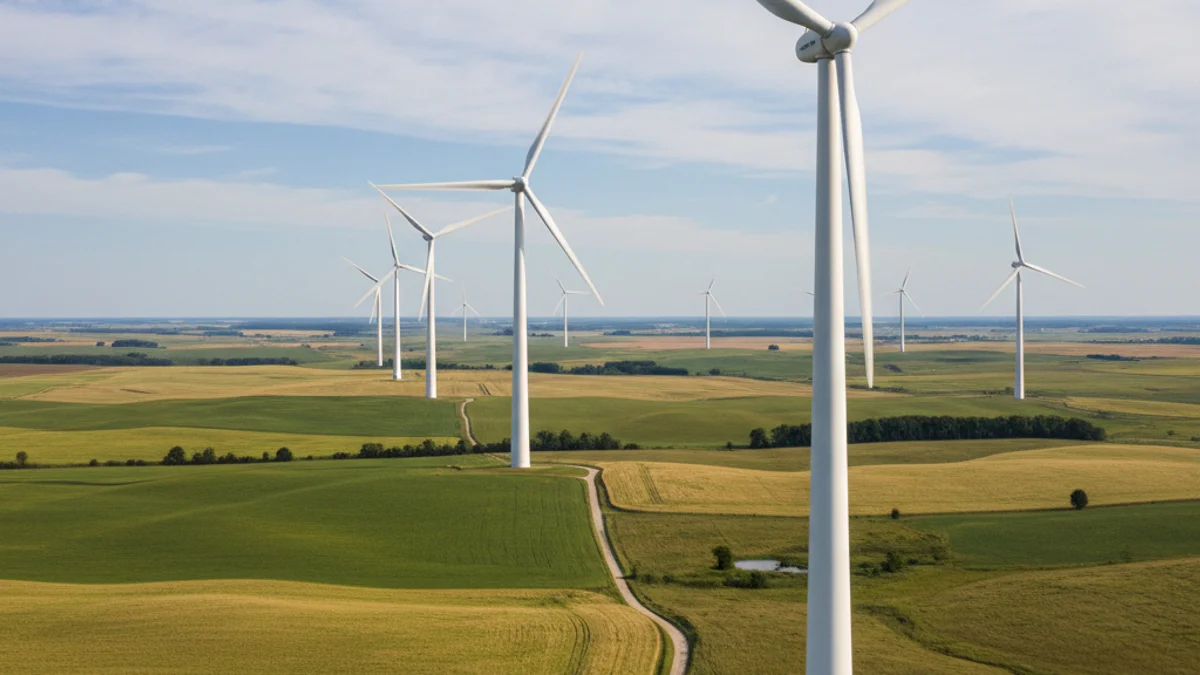 Imagen genérica de un parque eólico con grandes aerogeneradores en un paisaje rural de montaña.
