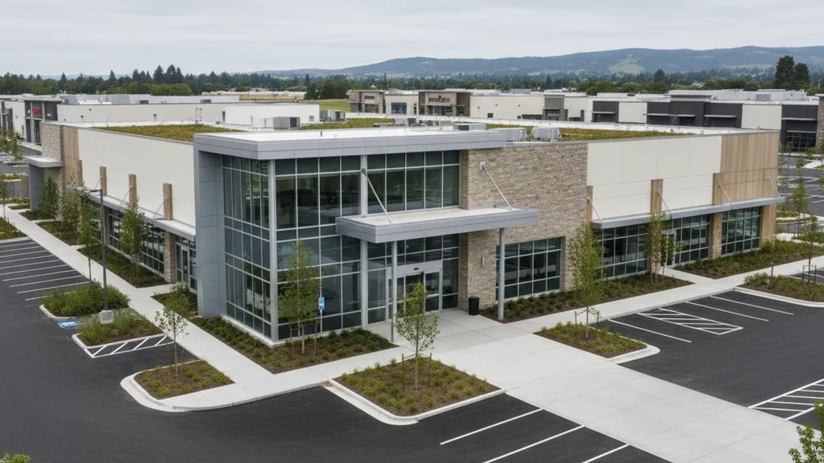 Vista genérica de una zona comercial con grandes superficies y aparcamientos, sin logotipos visibles.