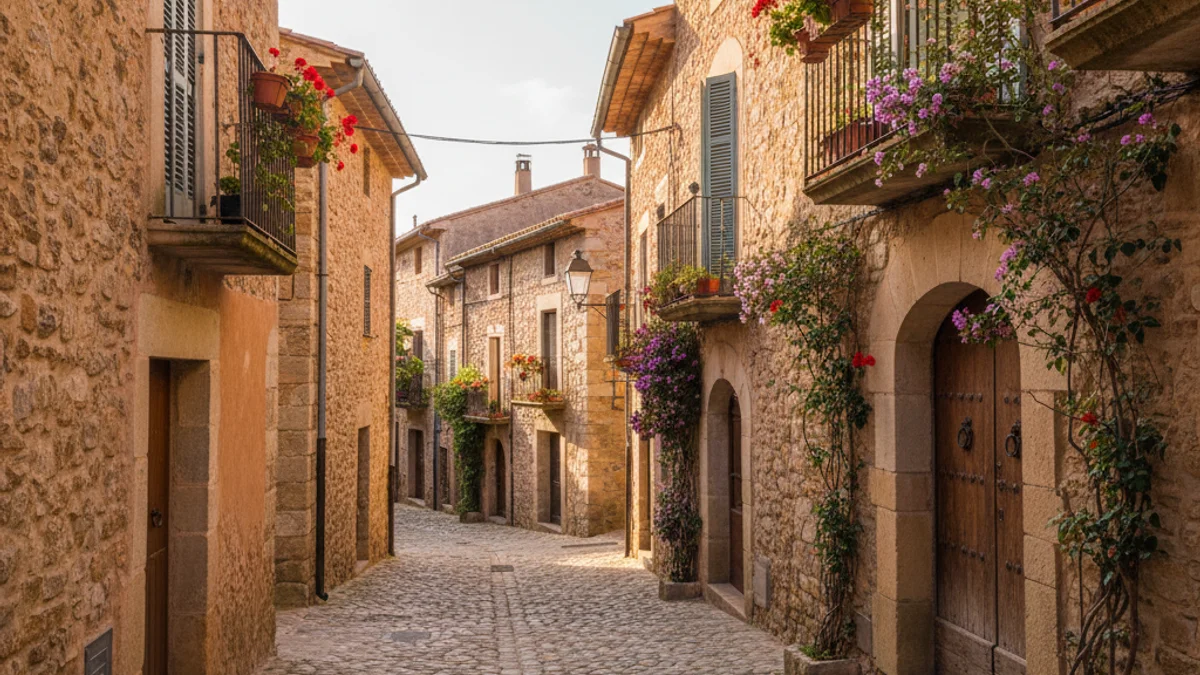 Vista de un pueblo tranquilo de la costa o interior de Tarragona, con casas de colores claros y vegetación.