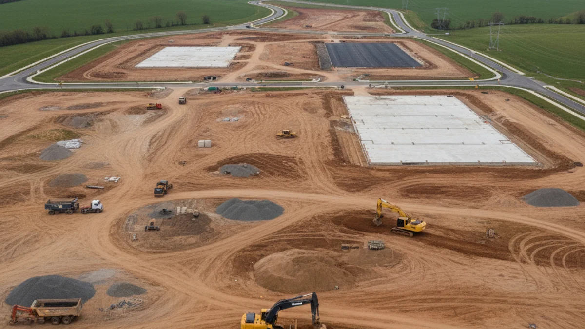 Vista aérea de una gran parcela de suelo industrial en desarrollo, con maquinaria de construcción preparando el terreno para naves logísticas.
