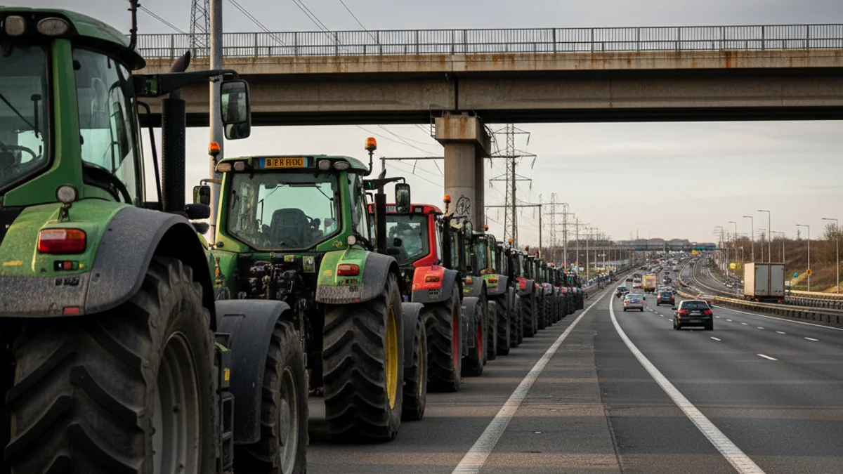 Imagen genérica de tractores detenidos en el arcén de una carretera durante una protesta agrícola.