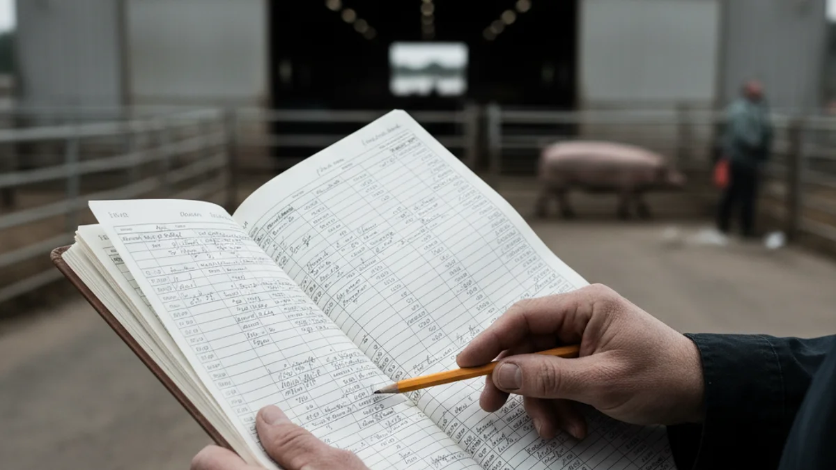 Representación genérica del impacto económico en el sector ganadero con documentos financieros y un fondo borroso de una granja.