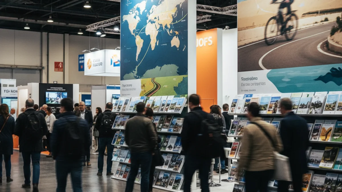 Representación genérica de un stand de promoción turística en una feria internacional.