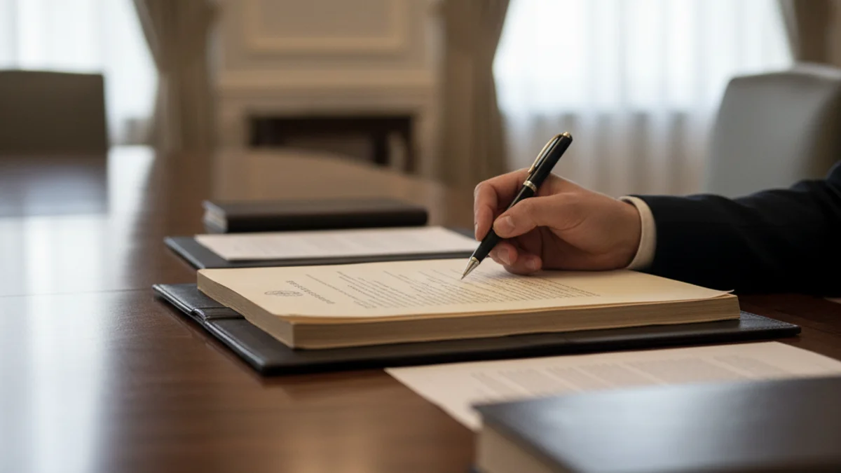 Una mano firmando un documento sobre una mesa, simbolizando un acuerdo comercial internacional.