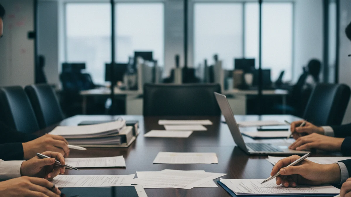 Representación de una reunión corporativa de alto nivel donde se toman decisiones financieras importantes sobre fusiones y adquisiciones.