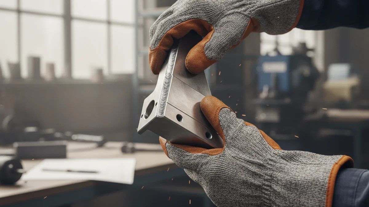 Detalle de manos trabajando en una pieza metálica en un entorno industrial.