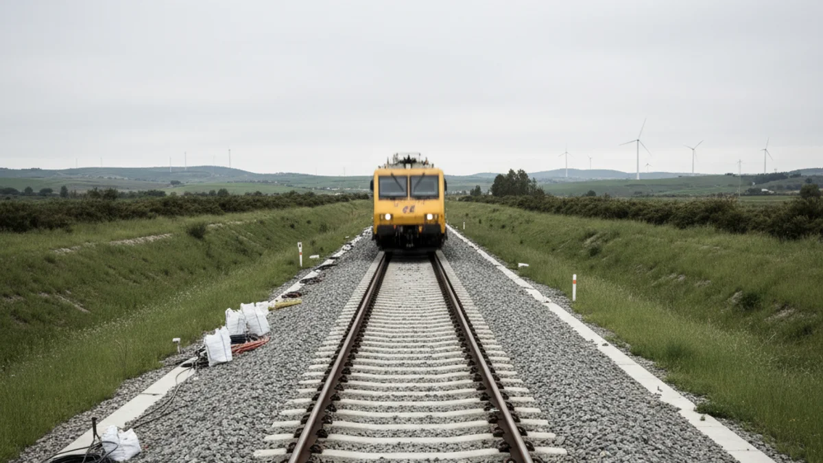 Imagen genérica de las vías de alta velocidad (AVE) con equipo de mantenimiento en la distancia.