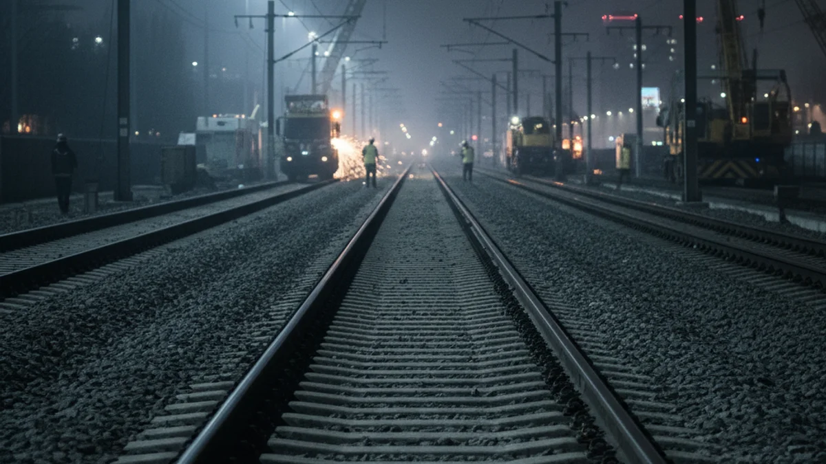 Vías de tren de alta velocidad vacías de noche, con luces de mantenimiento en la distancia.