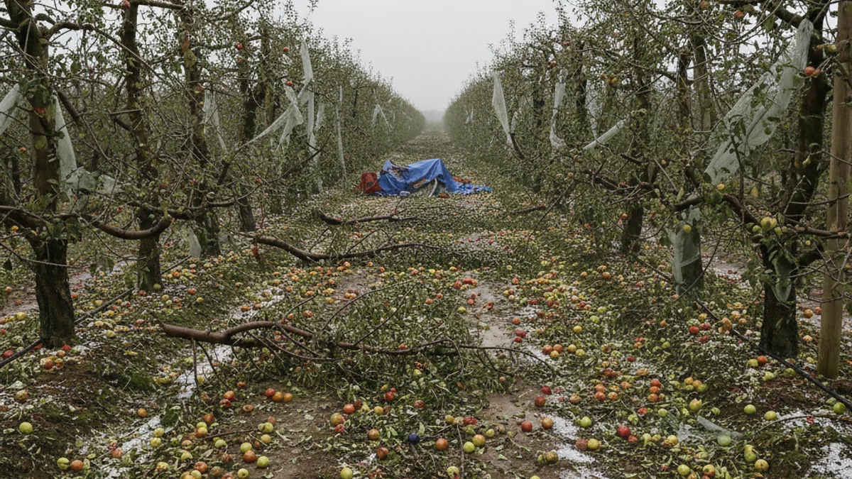 Imagen genérica de un campo de frutales dañado por el granizo con un fondo de montañas.