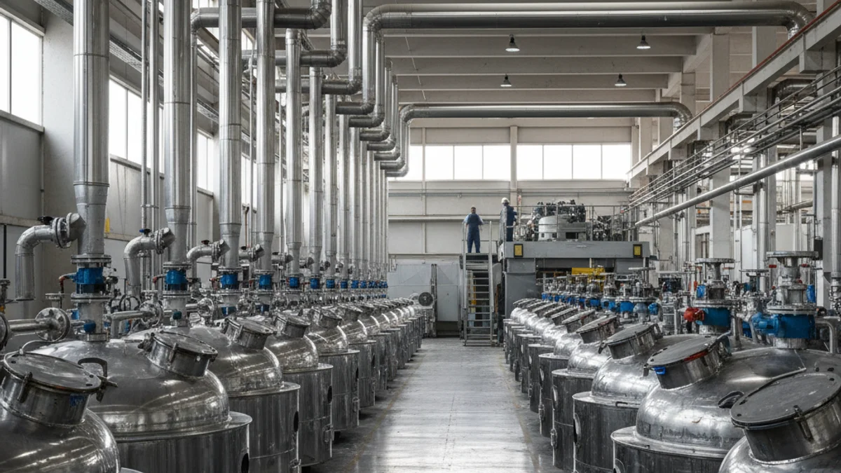Interior de una planta de producción industrial con maquinaria y bidones de pintura.