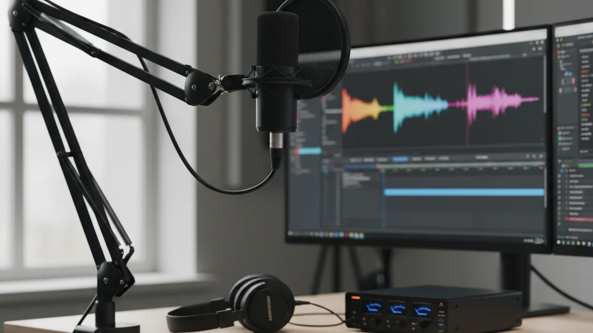 Un micrófono sobre una mesa de estudio con un ordenador al fondo.