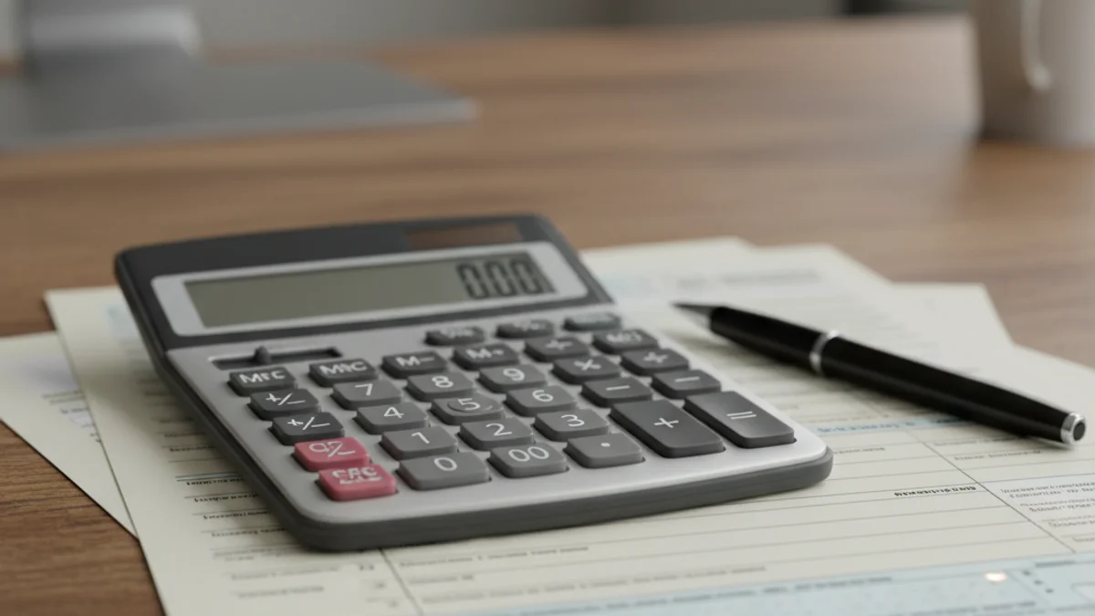 Un teclado de ordenador y una calculadora sobre una mesa de despacho.