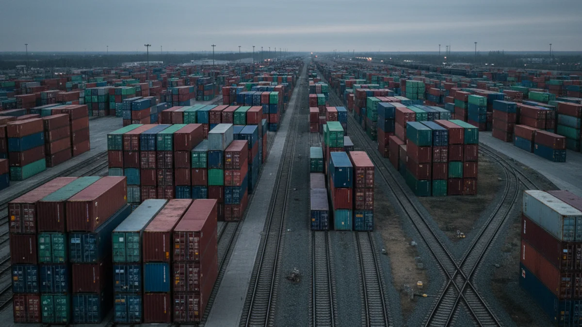 Contenedores apilados en una terminal portuaria con una línea de ferrocarril y un tren de mercancías al fondo.