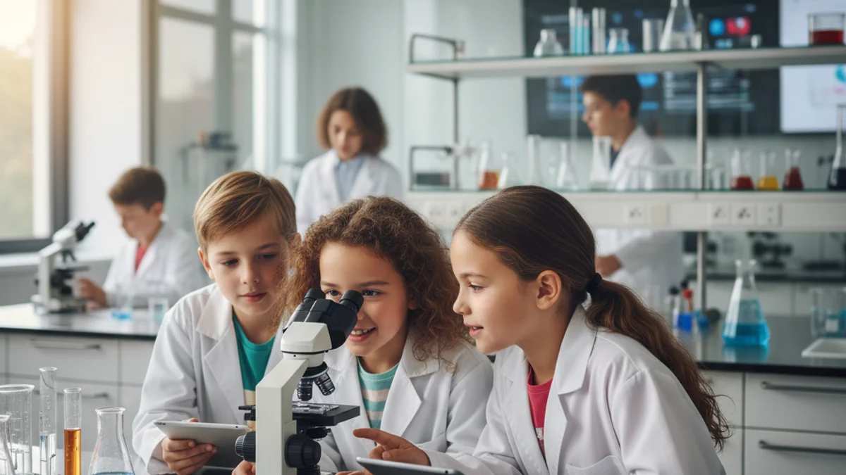 Grupo de estudiantes de primaria en un laboratorio escolar durante una actividad de divulgación científica.