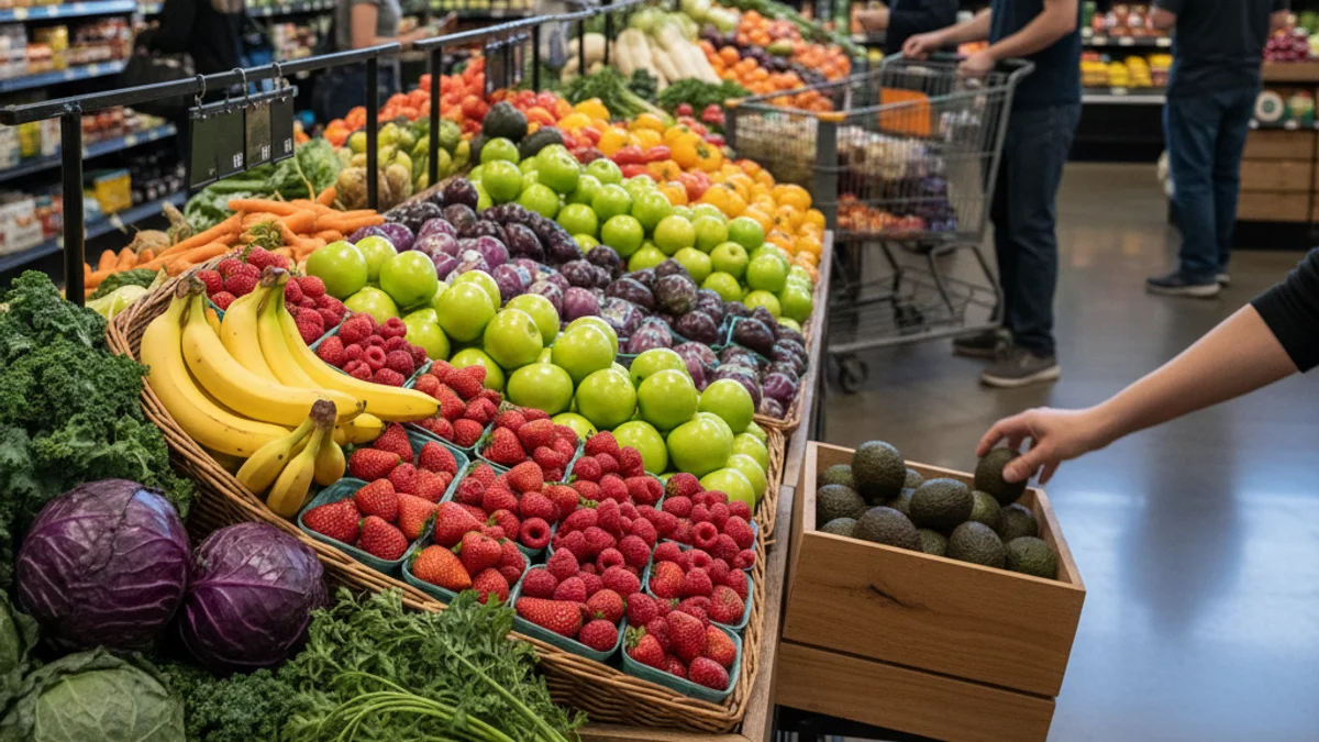 Imagen genérica de un expositor de frutas y verduras frescas en un supermercado, destacando la calidad y la variedad.
