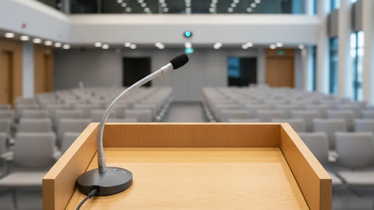 Imagen de un micrófono en un atril durante una conferencia empresarial.