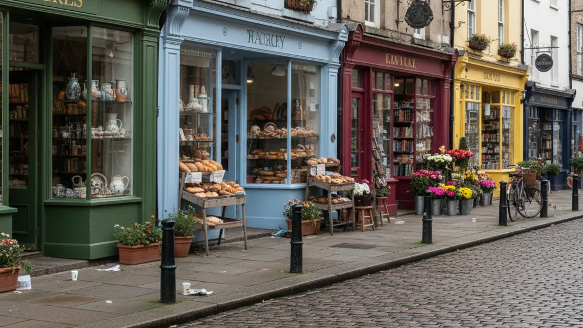 Imagen genérica de tiendas de proximidad en una calle de Barcelona, con foco en la vida comercial de barrio.