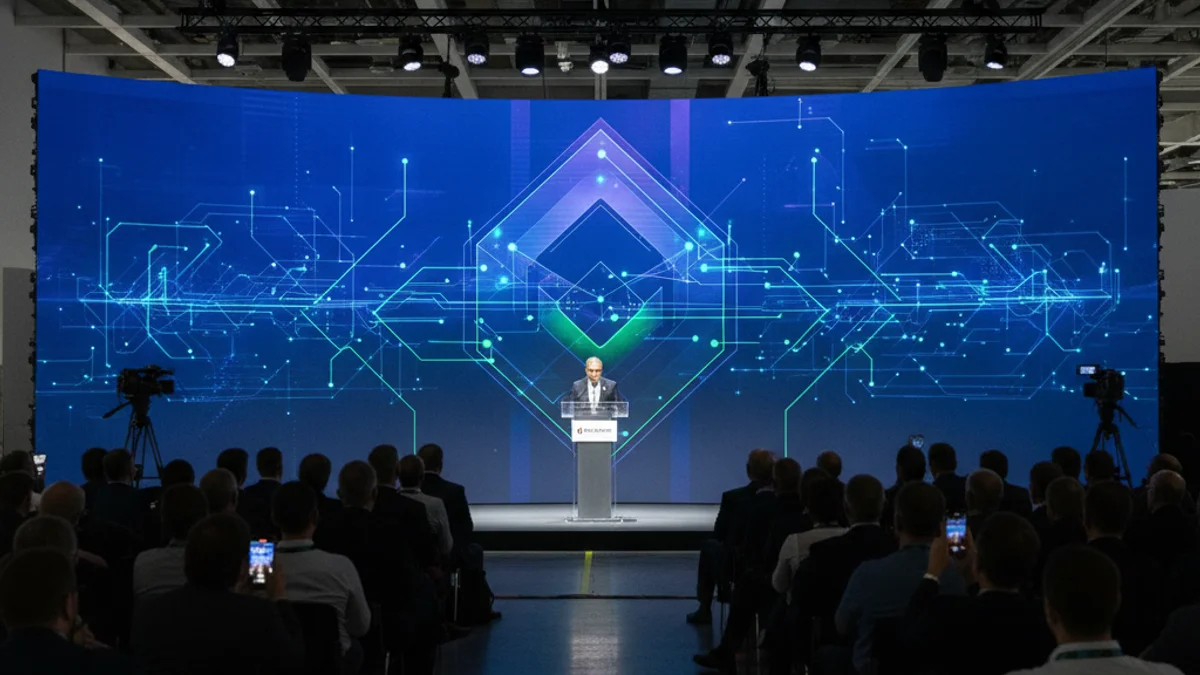 Panel de conferencias en una feria tecnológica con figuras borrosas del público y ponentes.