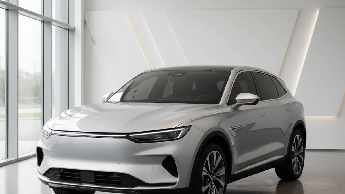 Un vehículo híbrido enchufable moderno estacionado en un concesionario de automóviles.