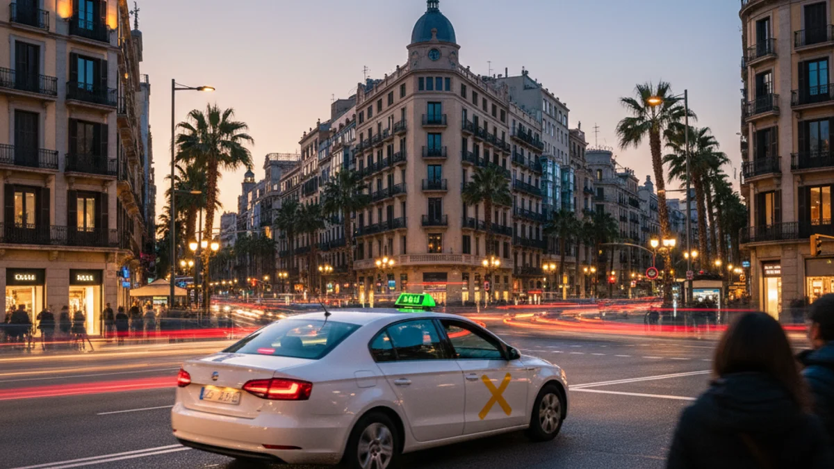 Imagen genérica de un taxi circulando por una zona urbana con luces de ciudad al fondo.