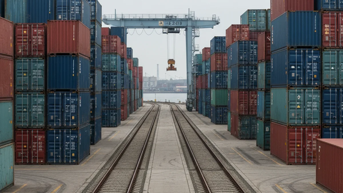 Contenedores de carga apilados en una terminal logística del puerto, con vías de tren vacías al fondo.