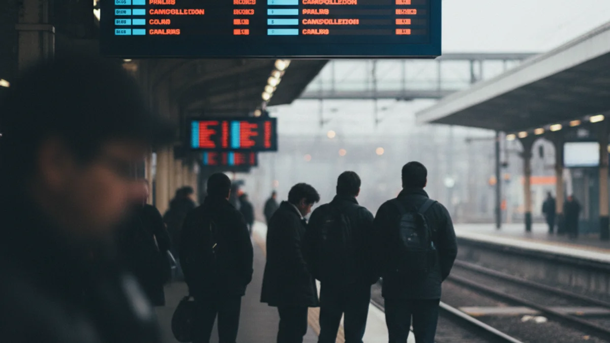 Imagen genérica de una estación de tren vacía o con paneles de información mostrando cancelaciones.